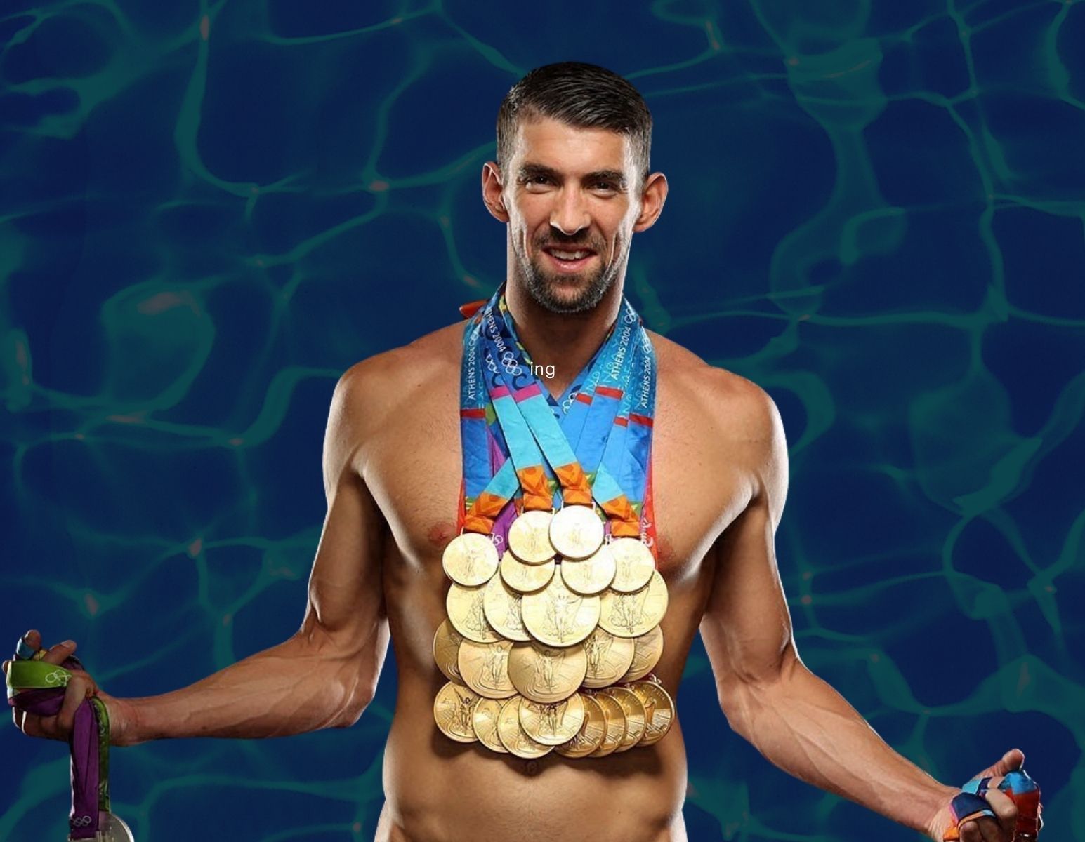 A picture of Michael Phelps, the most decorated Olympian swimmer of all time, wearing and holding all the medals he's won over the span of his career.