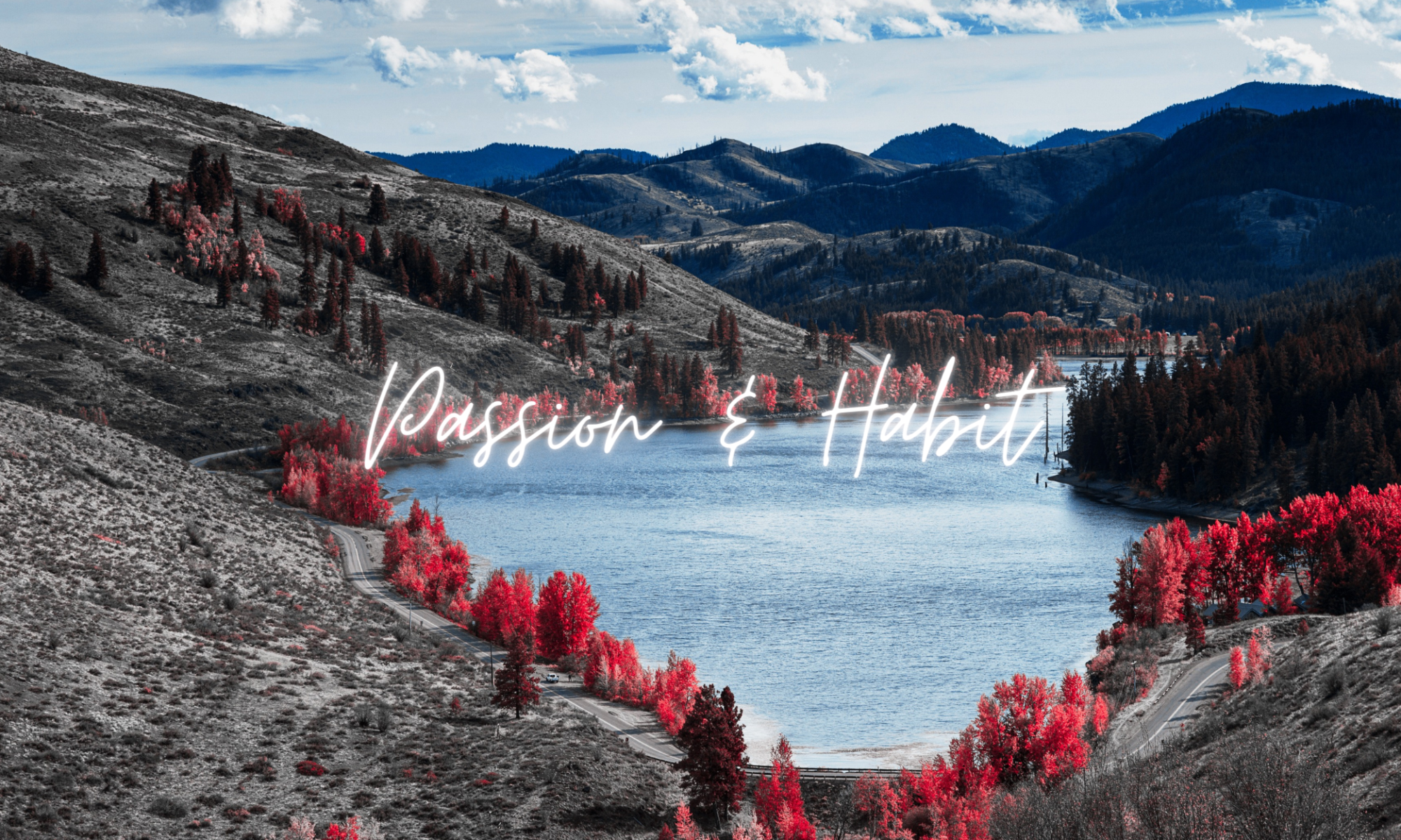 Mountain landscape with a small lake in the middle, bordered by a road and beautiful trees. Text overlay is "Passion & Habit"